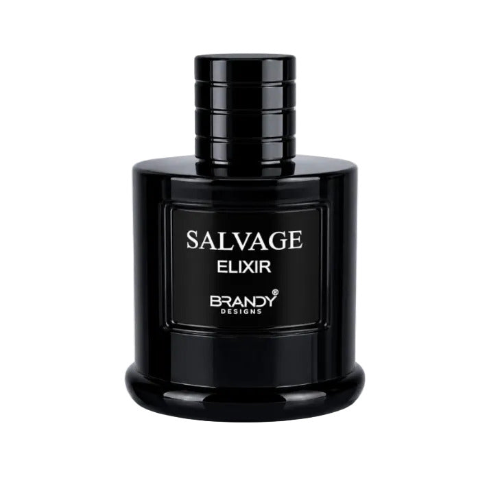 A glossy black bottle of Salvage Elixir by Brandy Designs, featuring white text on the front label, set against a plain white background.