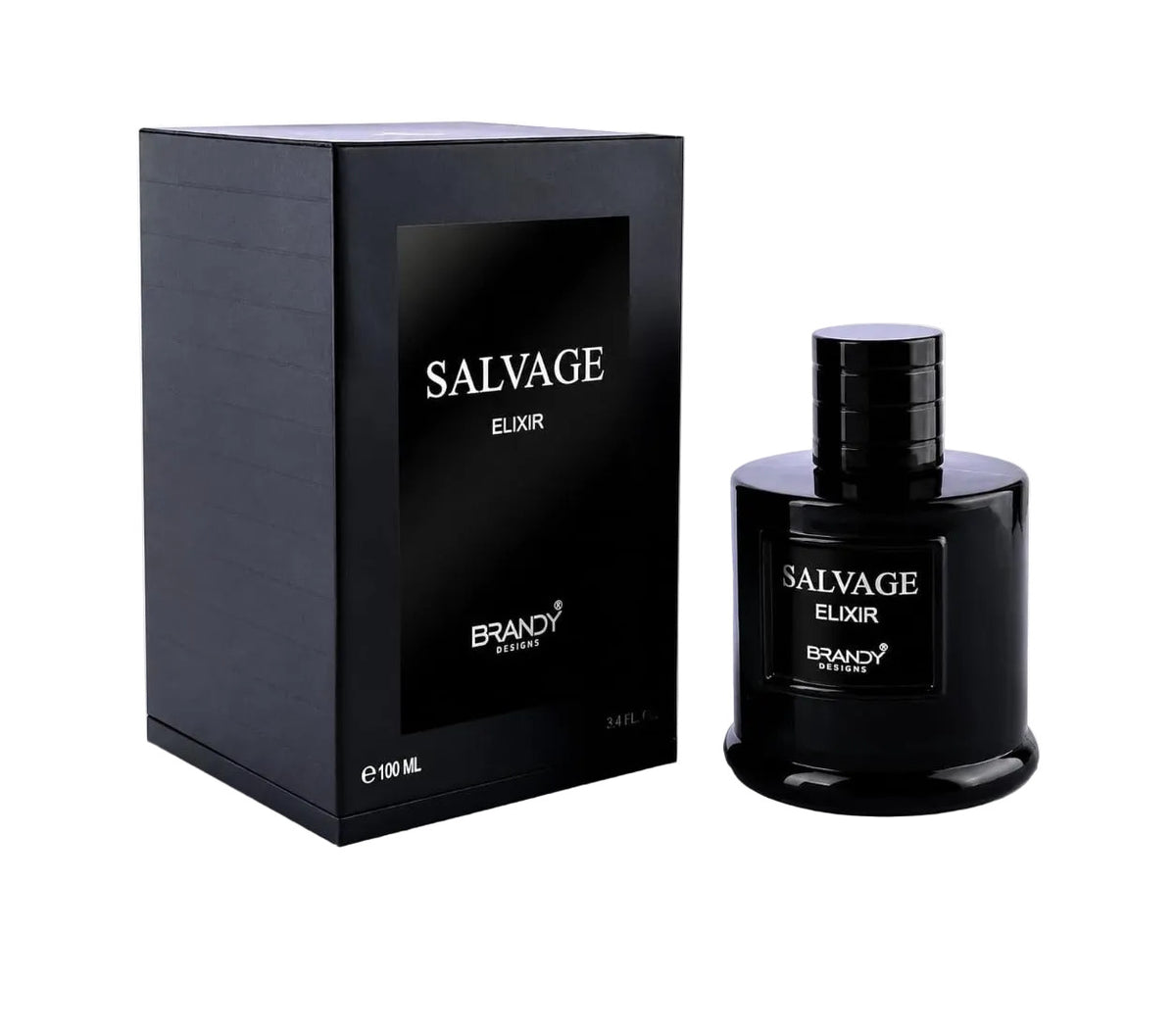 A bottle of Brandy Salvage Elixir next to its black packaging box, both featuring white text and a glossy black finish on a white background.