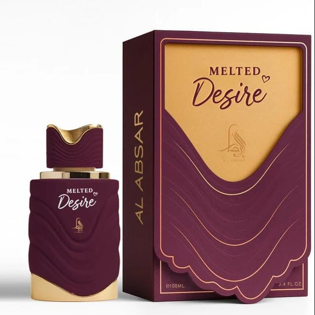 Melted Desire perfume bottle and its matching retail box by Al Absar, featuring a deep burgundy and gold color scheme on a clean white background.