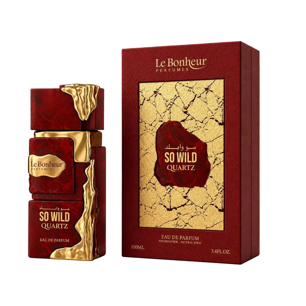Red and gold perfume bottle with packaging labeled 'Le Bonheur' on a white background