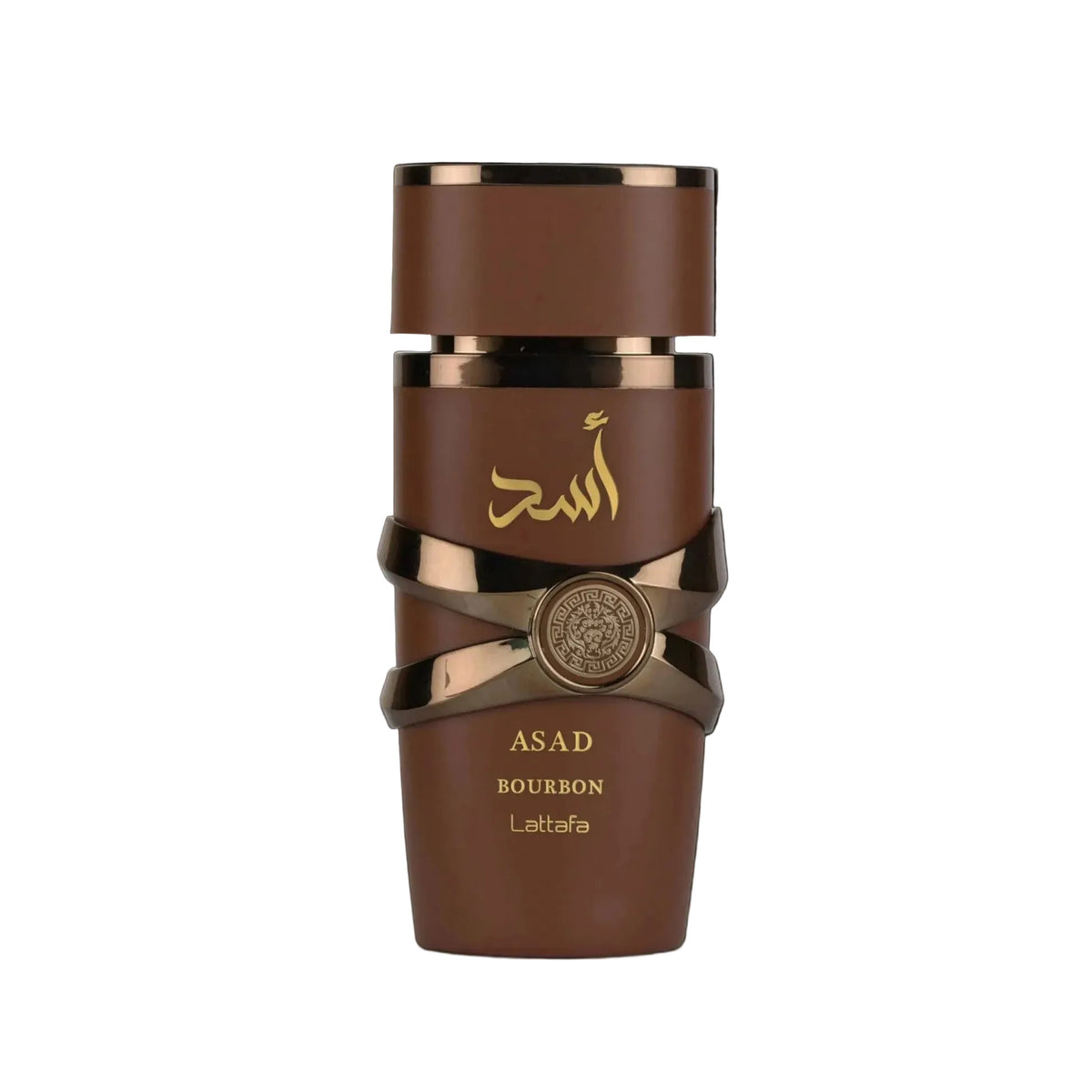 A brown cylindrical bottle of Asad Bourbon Lattafa fragrance with metallic gold accents, Arabic calligraphy, and a central round emblem, shown against a black background.