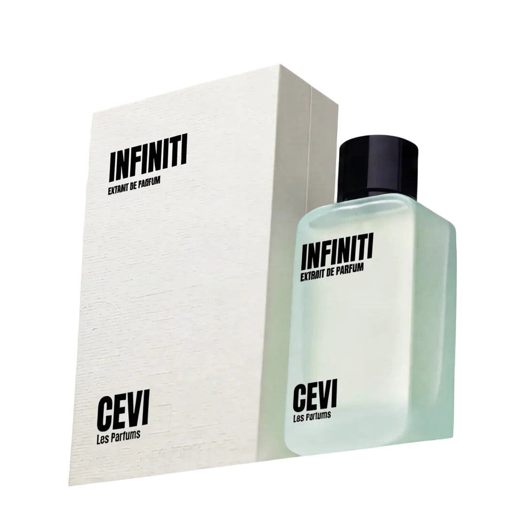 A bottle of CEVI Les Parfums INFINITI Extract de Parfum with a black cap, standing next to its white textured packaging box on a clean white background.