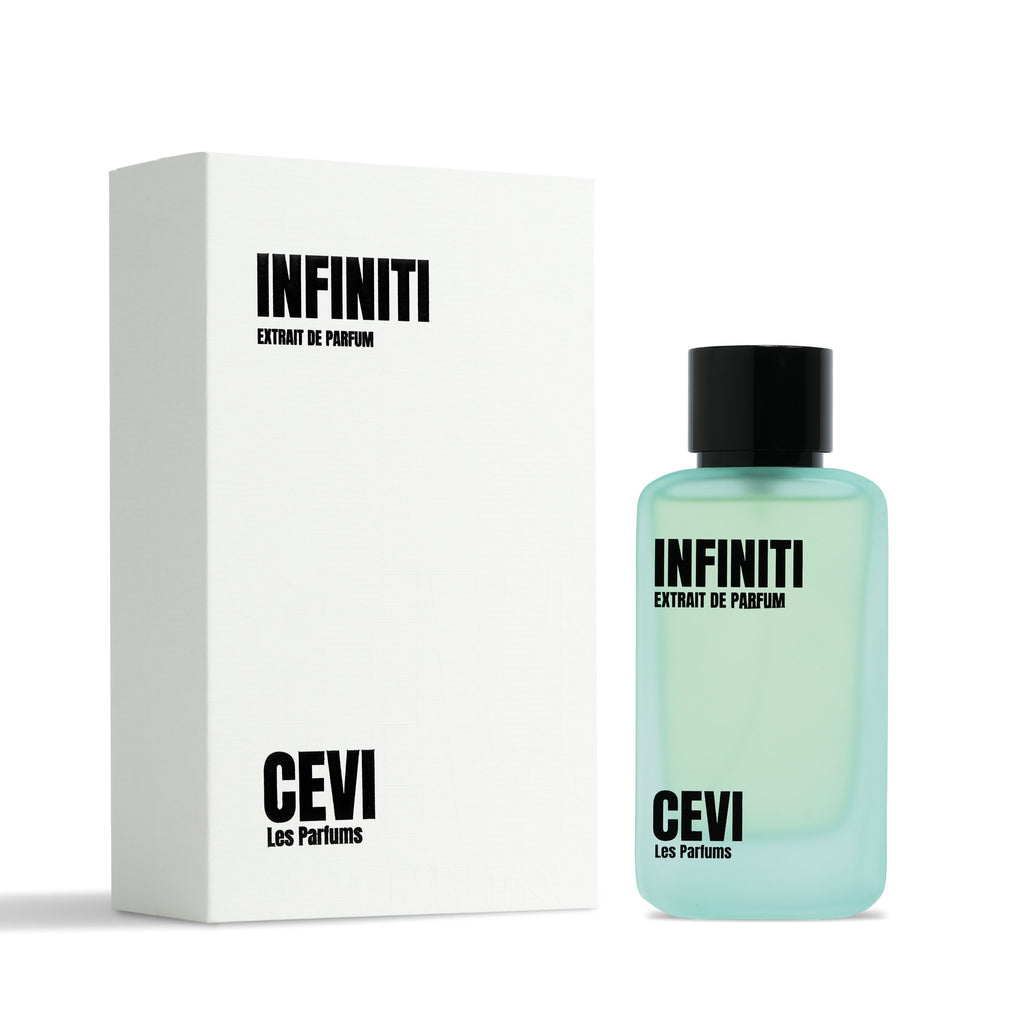 A bottle of CEVI Les Parfums Infiniti Extrait de Parfum next to its white packaging box, featuring a light aqua-green liquid and black text on a clean white background.