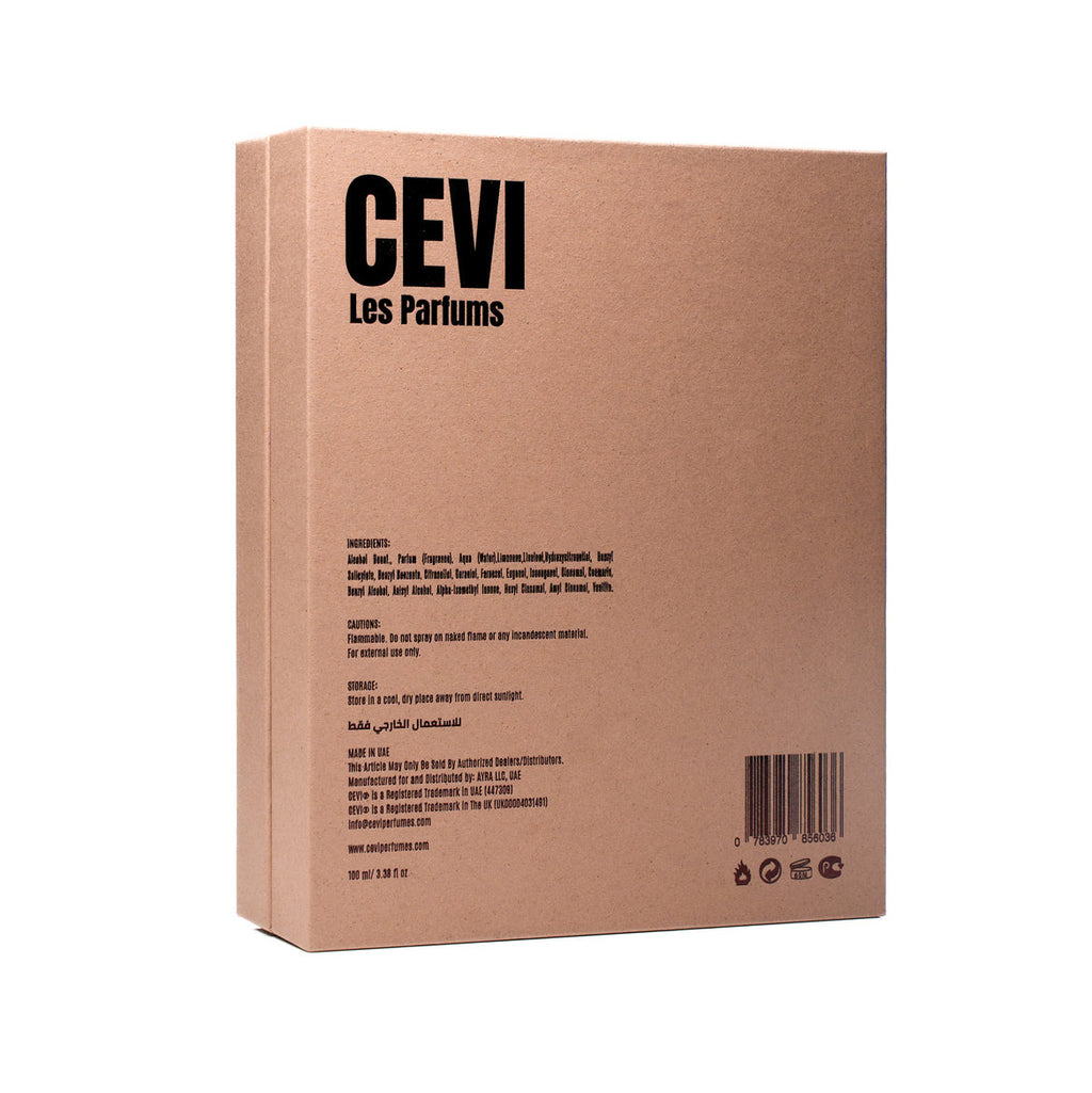 The back of a kraft paper box for CEVI Les Parfums, featuring black text, a barcode, and small icons on a plain white background.
