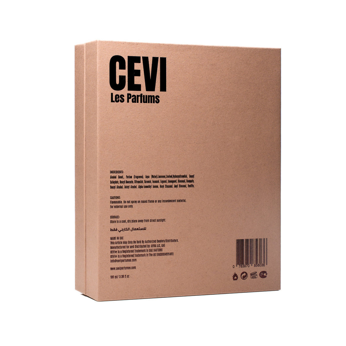 The back of a kraft paper box for CEVI Les Parfums, featuring black text, a barcode, and small icons on a plain white background.