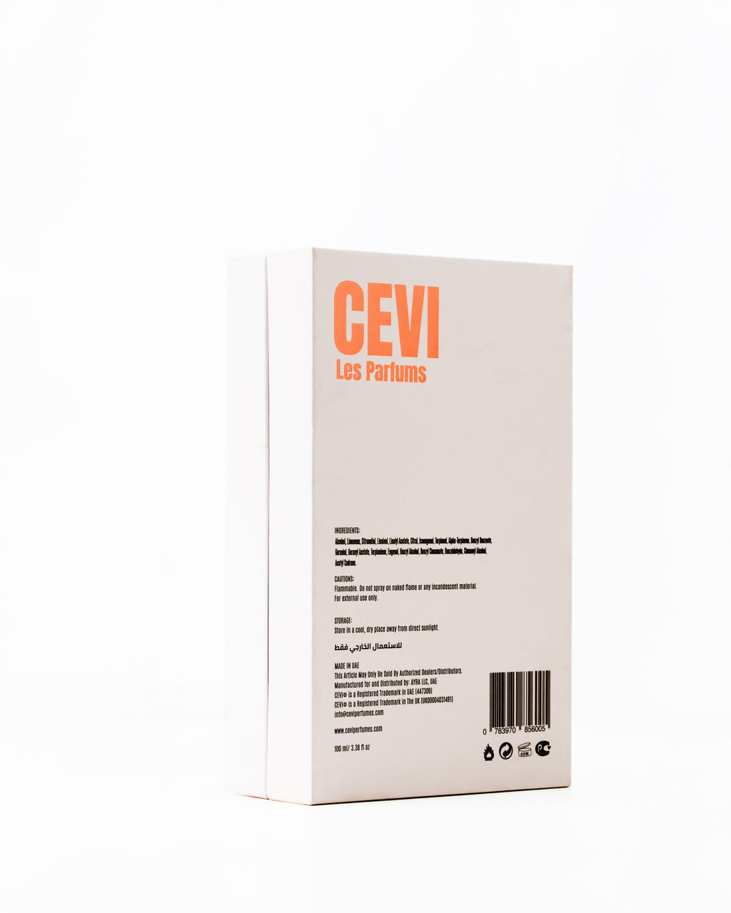 The back of a white rectangular product box for CEVI Les Parfums, featuring orange branding text, black ingredient details, and a barcode on a clean white background.