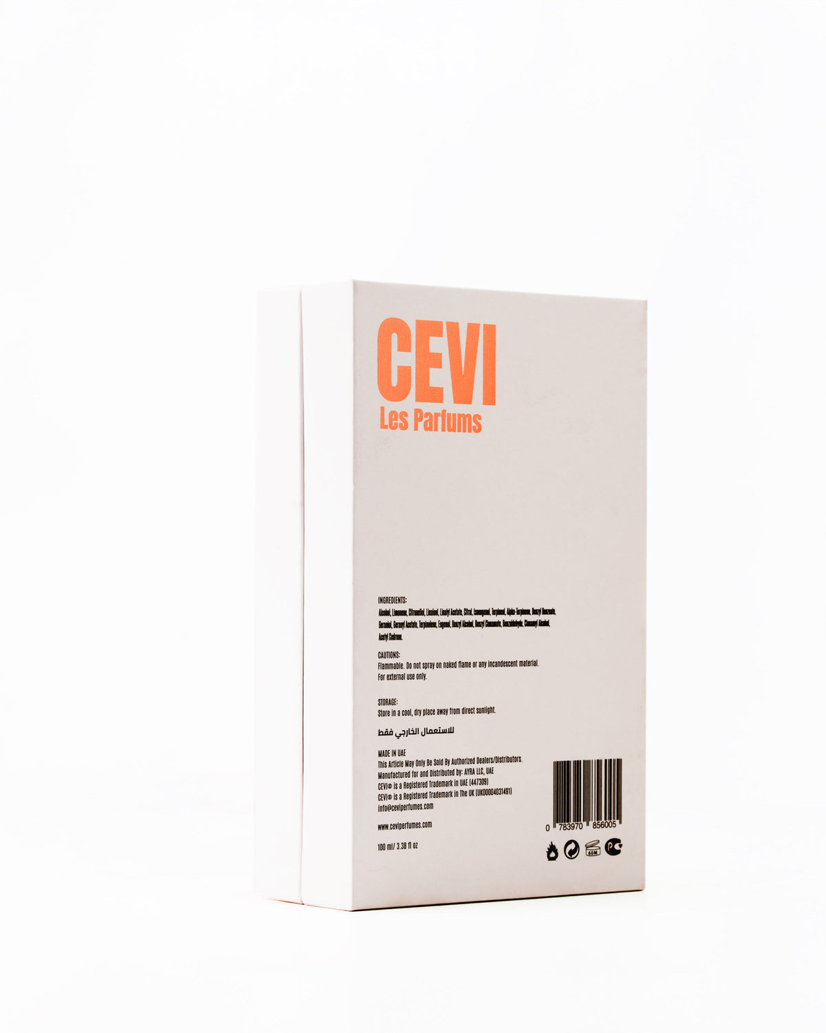 The back of a white rectangular product box for CEVI Les Parfums, featuring orange branding text, black ingredient details, and a barcode on a clean white background.