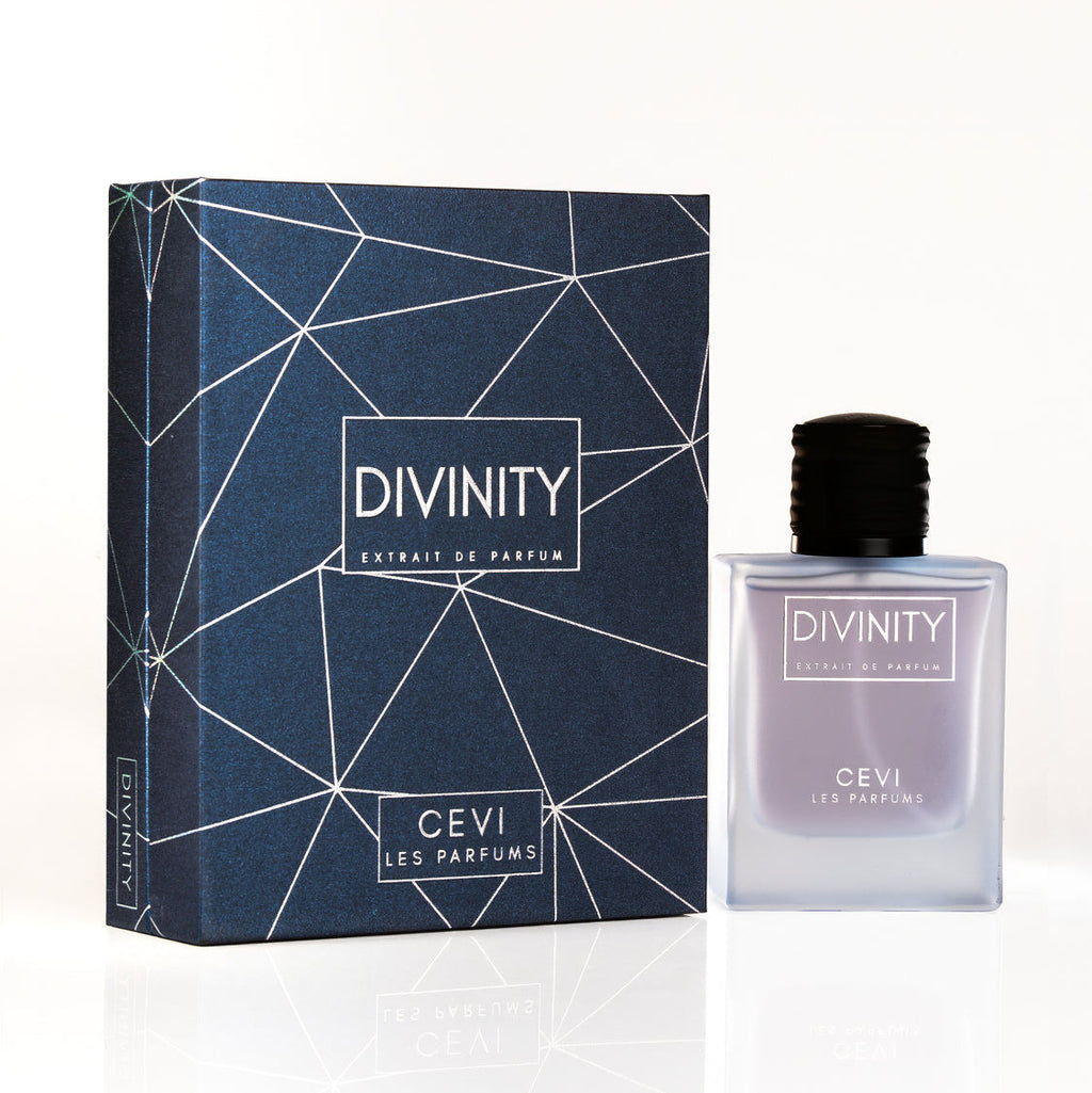 Divinity perfume bottle and packaging on a white background