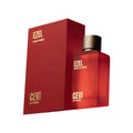 Ezel Extrait de Parfum by CEVI Les Parfums, featuring a translucent red perfume bottle with a metallic gold cap next to its matching red packaging box.