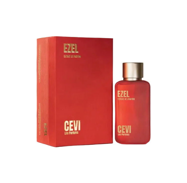A red rectangular perfume box and a matching red perfume bottle with a metallic gold cap, both labeled EZEL and CEVI Les Parfums, on a plain white background.