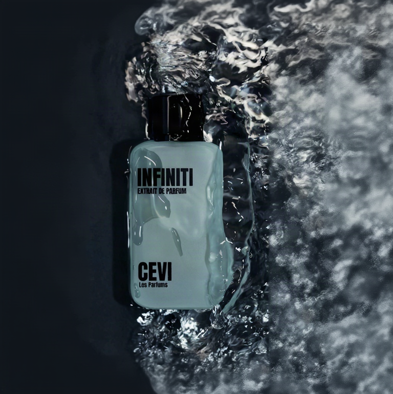 A bottle of INFINITI Extrait de Parfum by CEVI Les Parfums, featuring a frosted light blue-green glass body and a black cap, set against a dark background with dramatic water splash effects.
