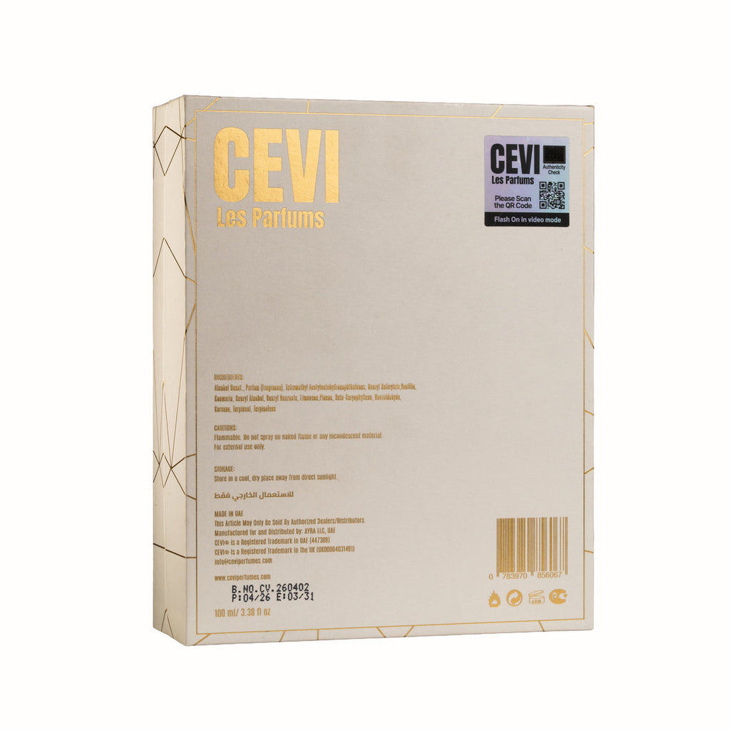 CEVI Las Farums perfume packaging box, featuring a beige design with gold lettering and geometric line details, shown on a plain white background.