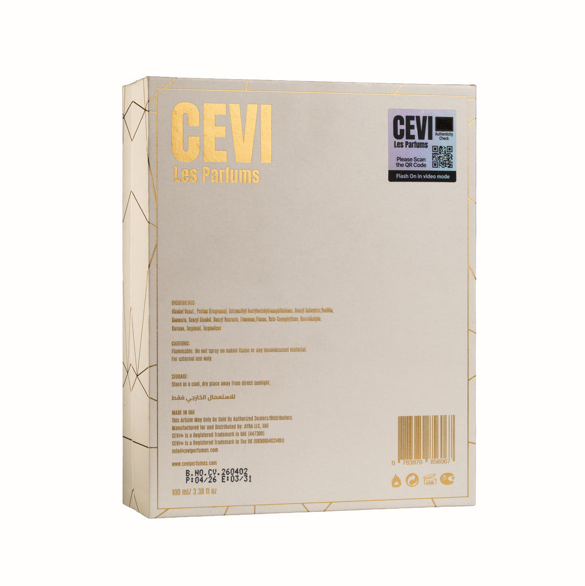 CEVI Las Farums perfume packaging box, featuring a beige design with gold lettering and geometric line details, shown on a plain white background.