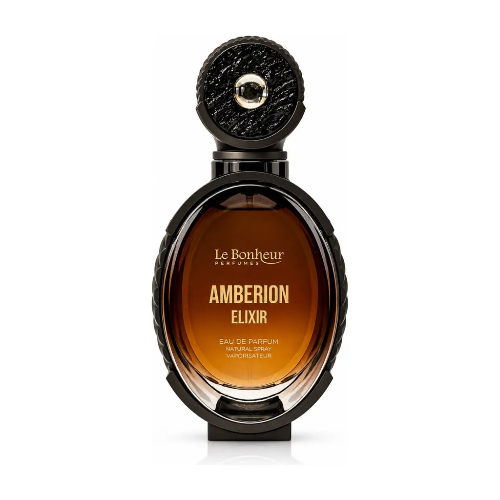 Amberion elixir le bonheur edp 100ml perfume bottle with amber liquid oval glass body and sleek black textured cap