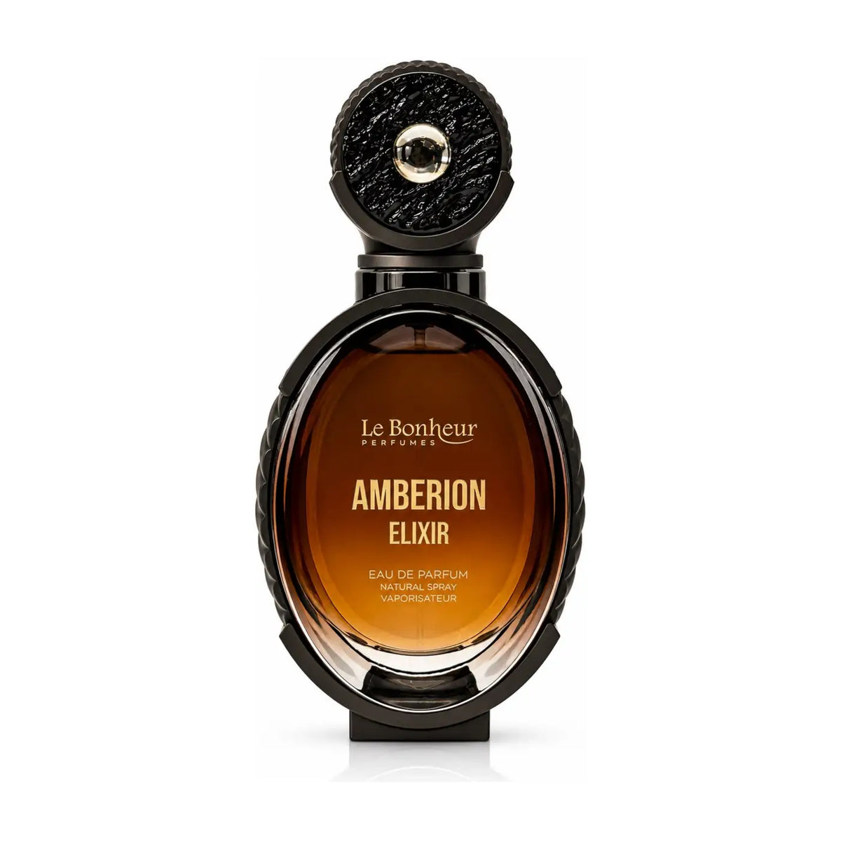 Amberion elixir le bonheur edp 100ml perfume bottle with amber liquid oval glass body and sleek black textured cap