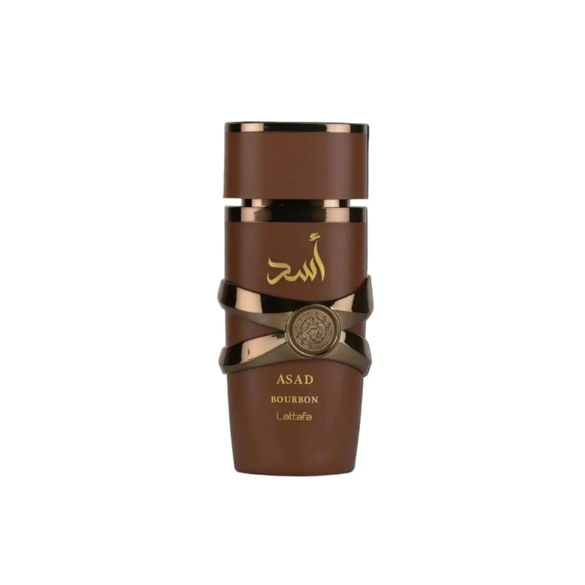 Brown glass perfume bottle with gold arabic script and metallic bands labeled asad bourbon by lattafa edp 100ml