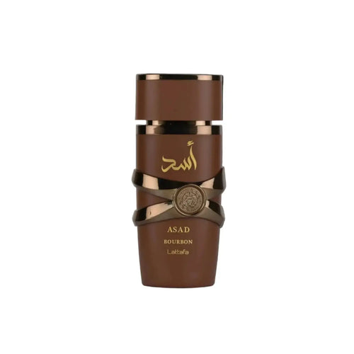 Brown glass perfume bottle with gold arabic script and metallic bands labeled asad bourbon by lattafa edp 100ml