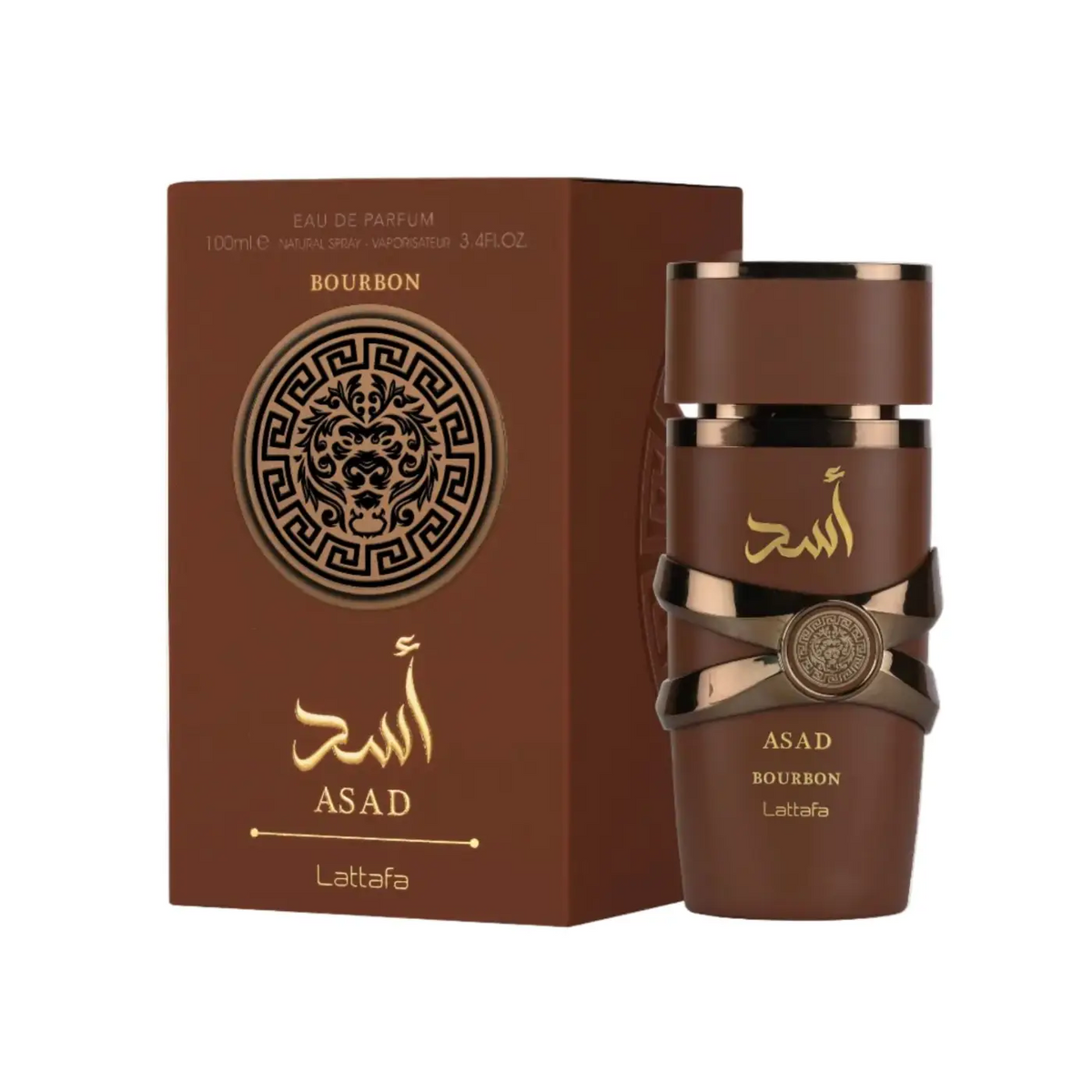 Brown glass perfume bottle with gold accents and arabic script asad bourbon lattafa edp 100ml sleek design