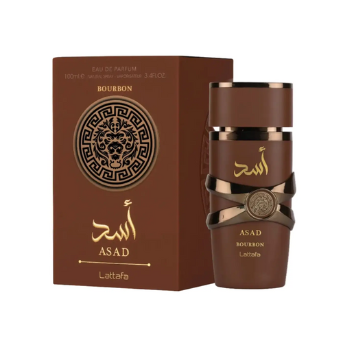 Brown glass perfume bottle with gold accents and arabic script asad bourbon lattafa edp 100ml sleek design