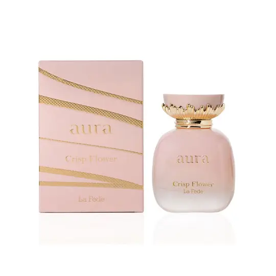 Pink glass perfume bottle with gold leaf detailing and matching pink box with gold stripes aura crisp flower by la rêde