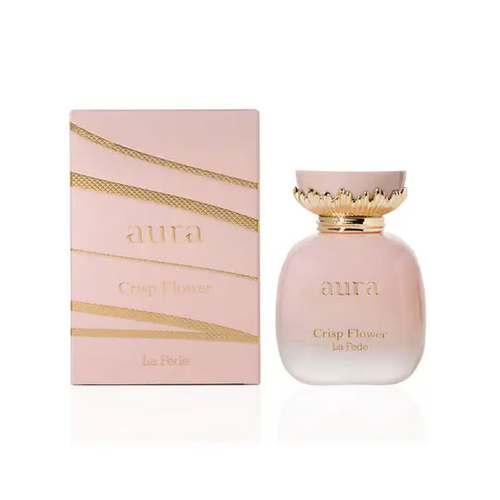 Pink glass perfume bottle with gold leaf detailing and matching pink box with gold stripes aura crisp flower by la rêde