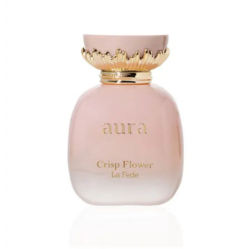 A pink glass perfume bottle with a gold leaf cap labeled aura crisp flower la fede from aura crisp flower khadlaj edp 100ml