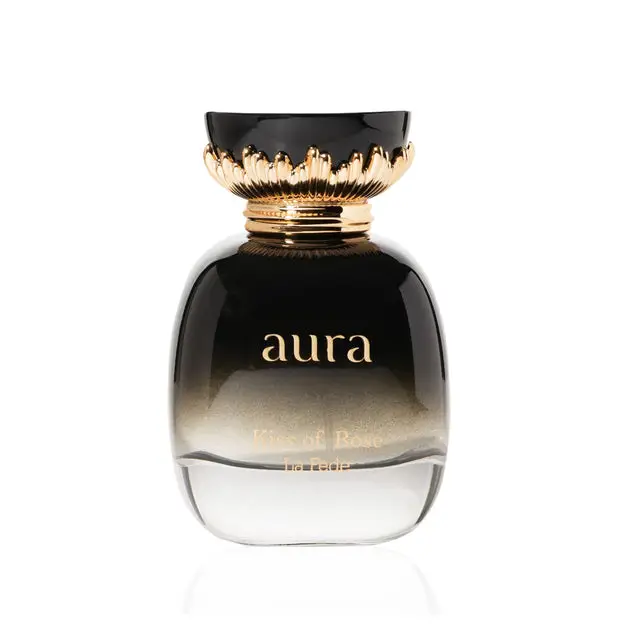 Black glass perfume bottle with gold lettering and a fluted golden cap for Aura Kiss of Rose Khadlaj EDP 100ml