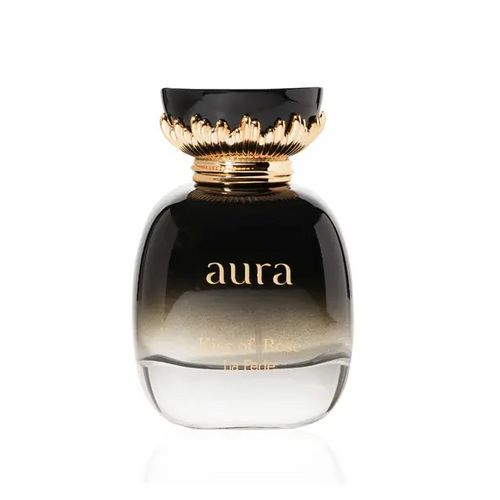 Black glass perfume bottle with gold lettering and a fluted golden cap for Aura Kiss of Rose Khadlaj EDP 100ml