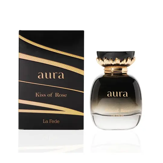 Black and gold gradient aura kiss of rose perfume bottle with ornate golden cap by la fede 100ml edp