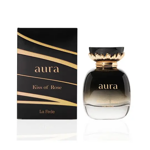 Black and gold gradient aura kiss of rose perfume bottle with ornate golden cap by la fede 100ml edp