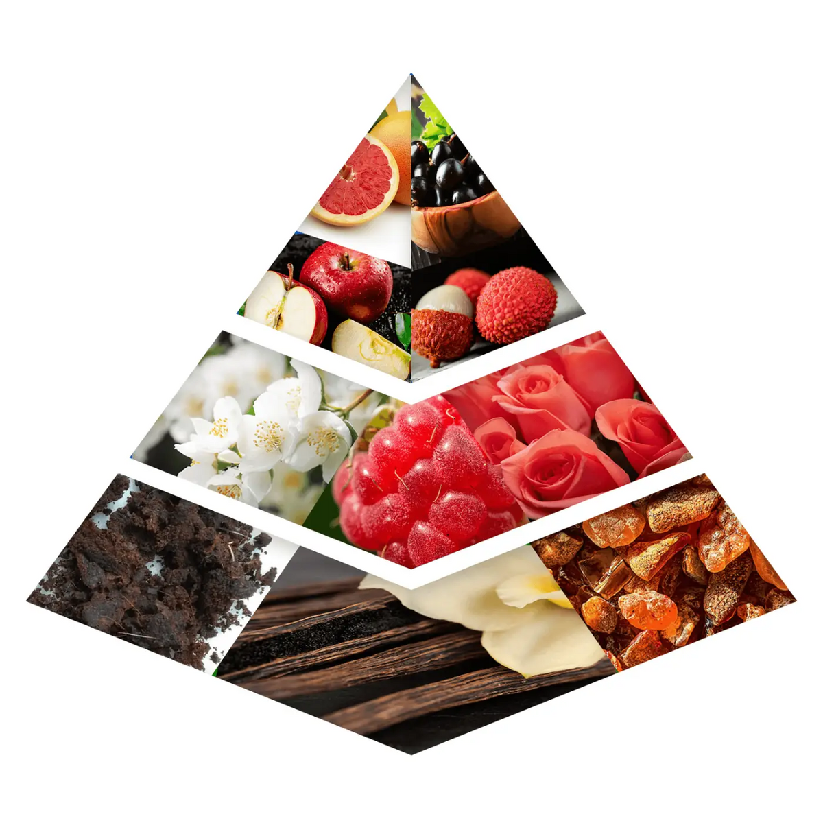 A colorful pyramid-shaped collage of fruits flowers and spices for aura kiss of rose khadlaj edp 100ml packaging