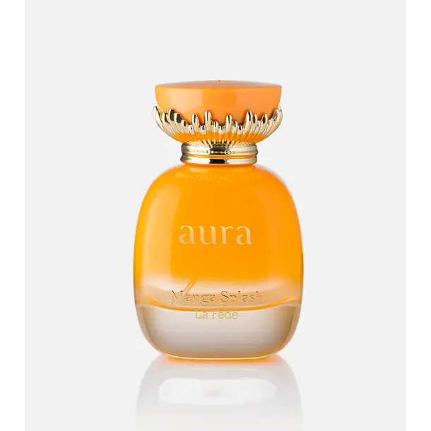 Orange glass perfume bottle with gold cap and floral detailing labeled aura mango splash by la rêde for 100ml edp