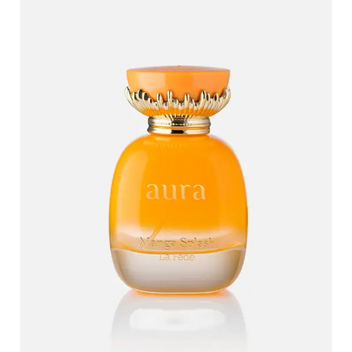 Orange glass perfume bottle with gold cap and floral detailing labeled aura mango splash by la rêde for 100ml edp