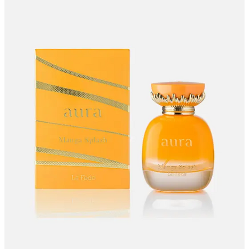 Orange glass perfume bottle with gold cap and matching box labeled aura mango splash by la fele khadlaj edp 100ml