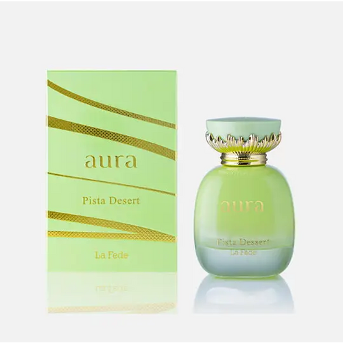 A pale green glass perfume bottle of aura pista dessert khadlaj edp 100ml with a gold accented fluted cap