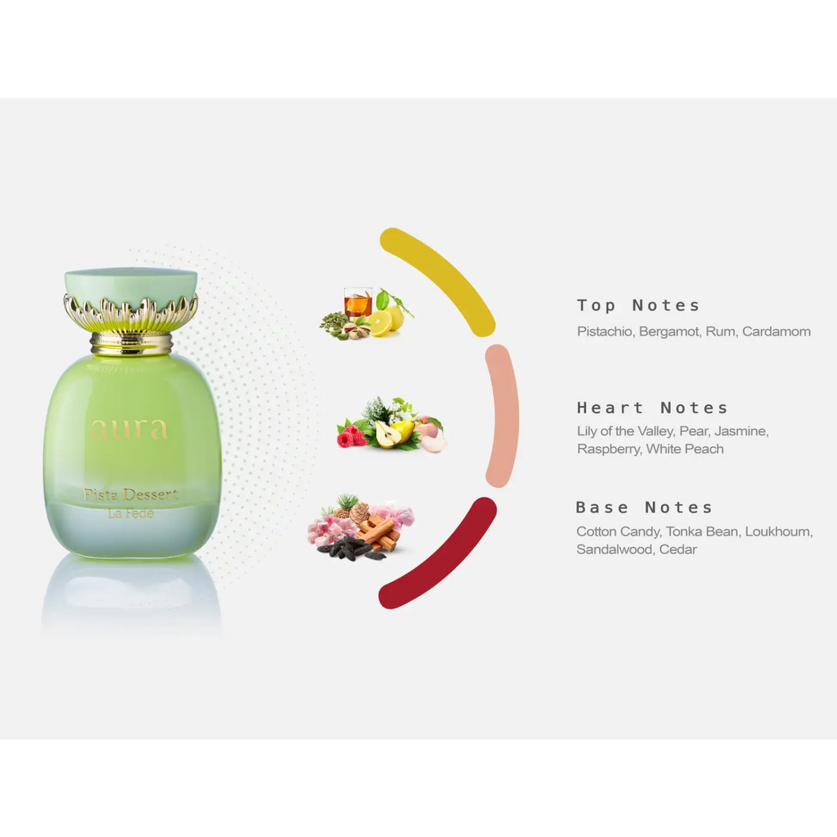 A translucent green glass perfume bottle with a gold ornate cap embossed with aura from aura pista dessert khadlaj edp 100ml