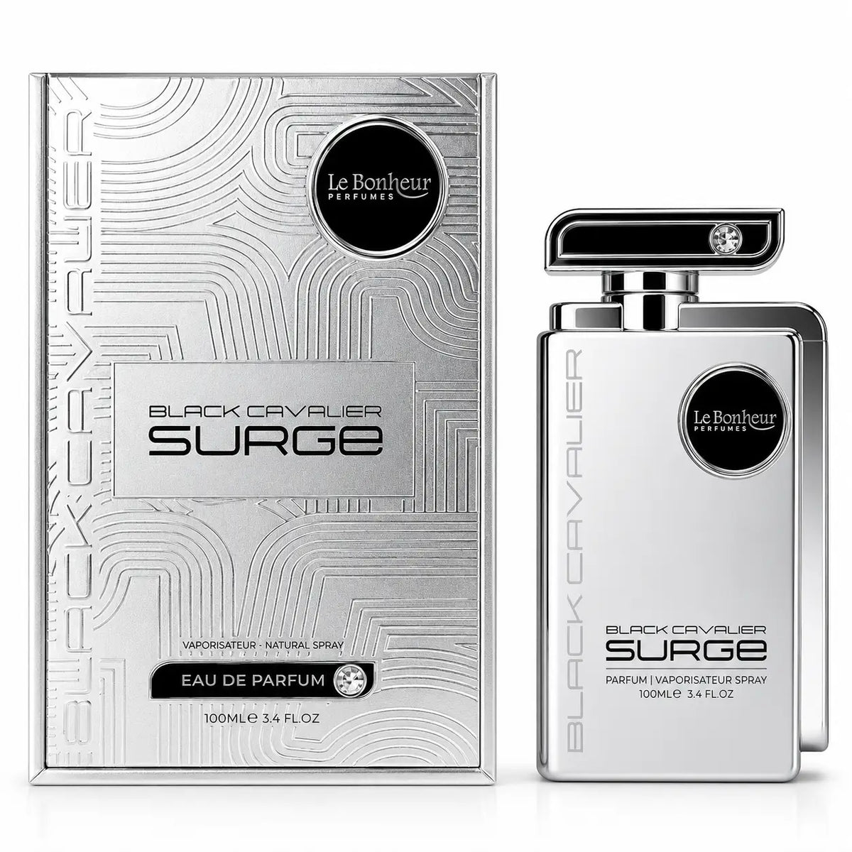 Silver rectangular perfume bottle with black cap and diamond accent featuring black cavalier surge branding from le bonheur perfumes