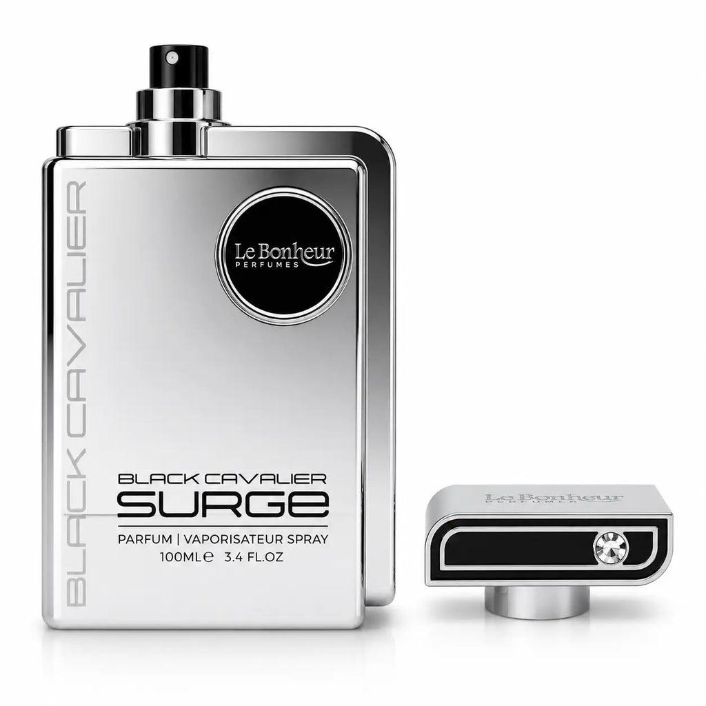 Silver rectangular perfume bottle with black accents and diamond-encrusted cap labeled black cavalier surge by le bonheur