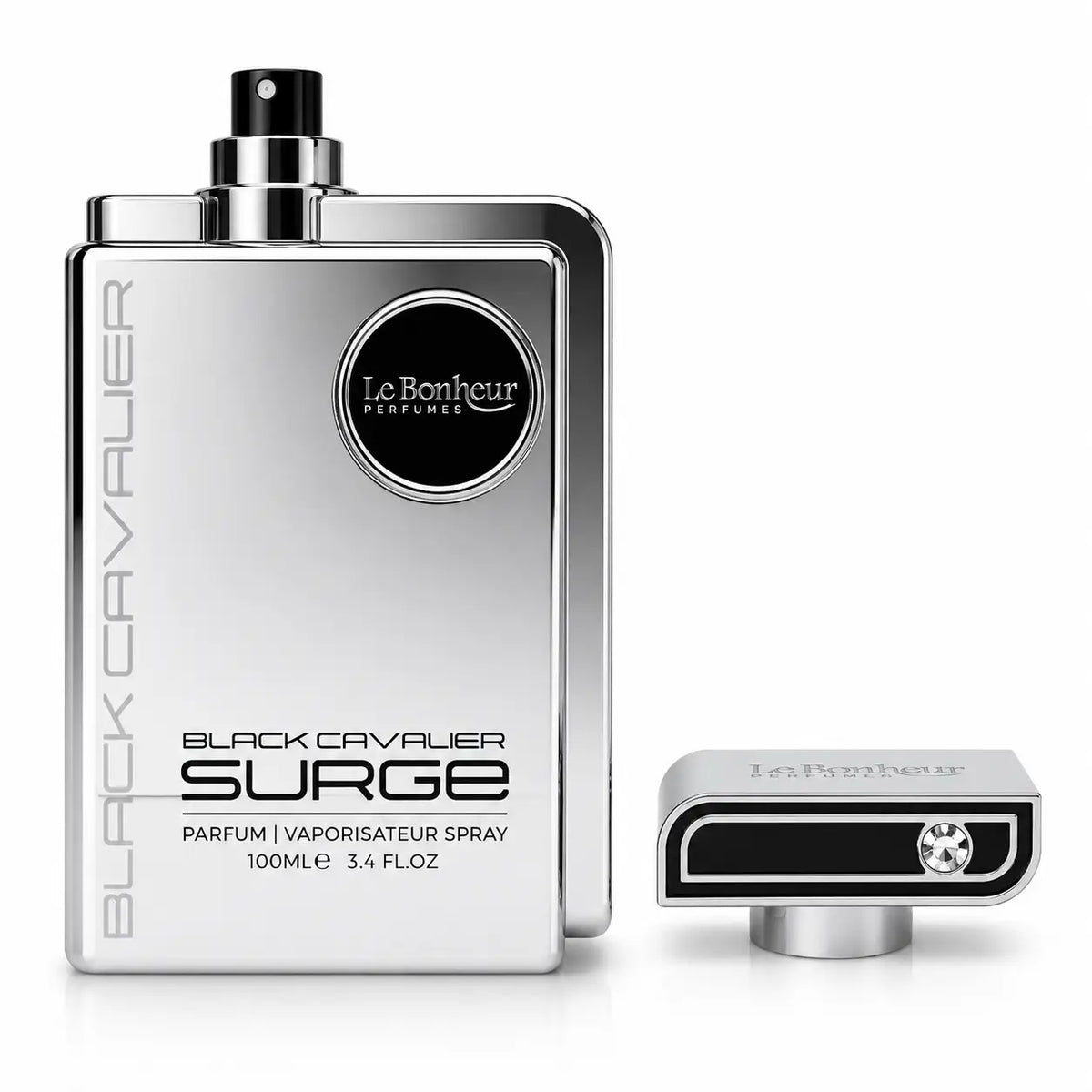 Silver rectangular perfume bottle with black accents and diamond-encrusted cap labeled black cavalier surge by le bonheur