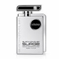 Silver rectangular perfume bottle with black cap and diamond featuring le bonheur perfumes logo labeled black cavalier surge
