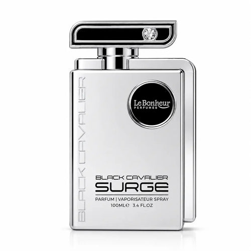 Silver rectangular perfume bottle with black cap and diamond featuring le bonheur perfumes logo labeled black cavalier surge
