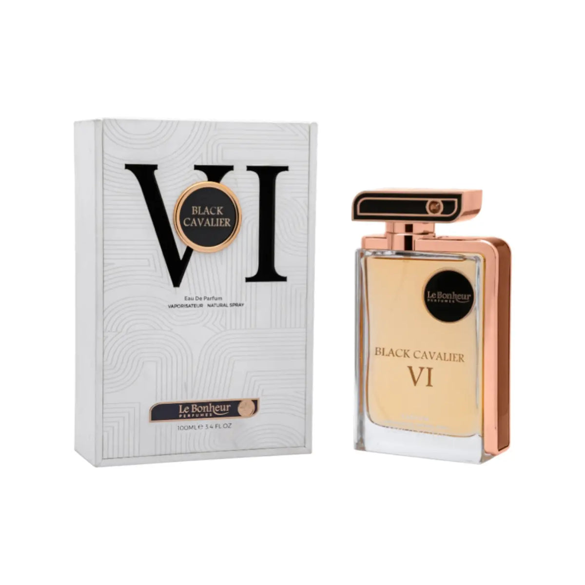 A sleek rectangular glass perfume bottle with rose gold accents black cap containing amber liquid for black cavalier vi le bonheur edp 100ml