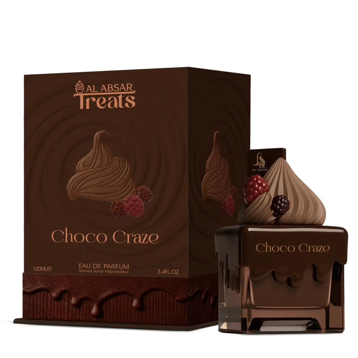 Choco craze al absar edp 100ml chocolate themed perfume bottle with glossy dark brown base and swirled cream topping with raspberries