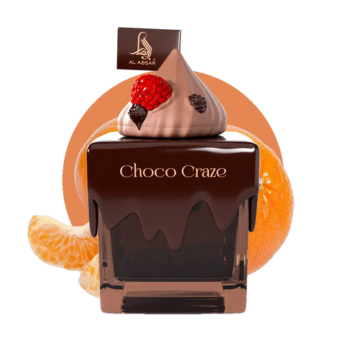 Choco craze al absar edp 100ml perfume bottle shaped like glossy dark brown chocolate dessert with whipped cream topping and berries