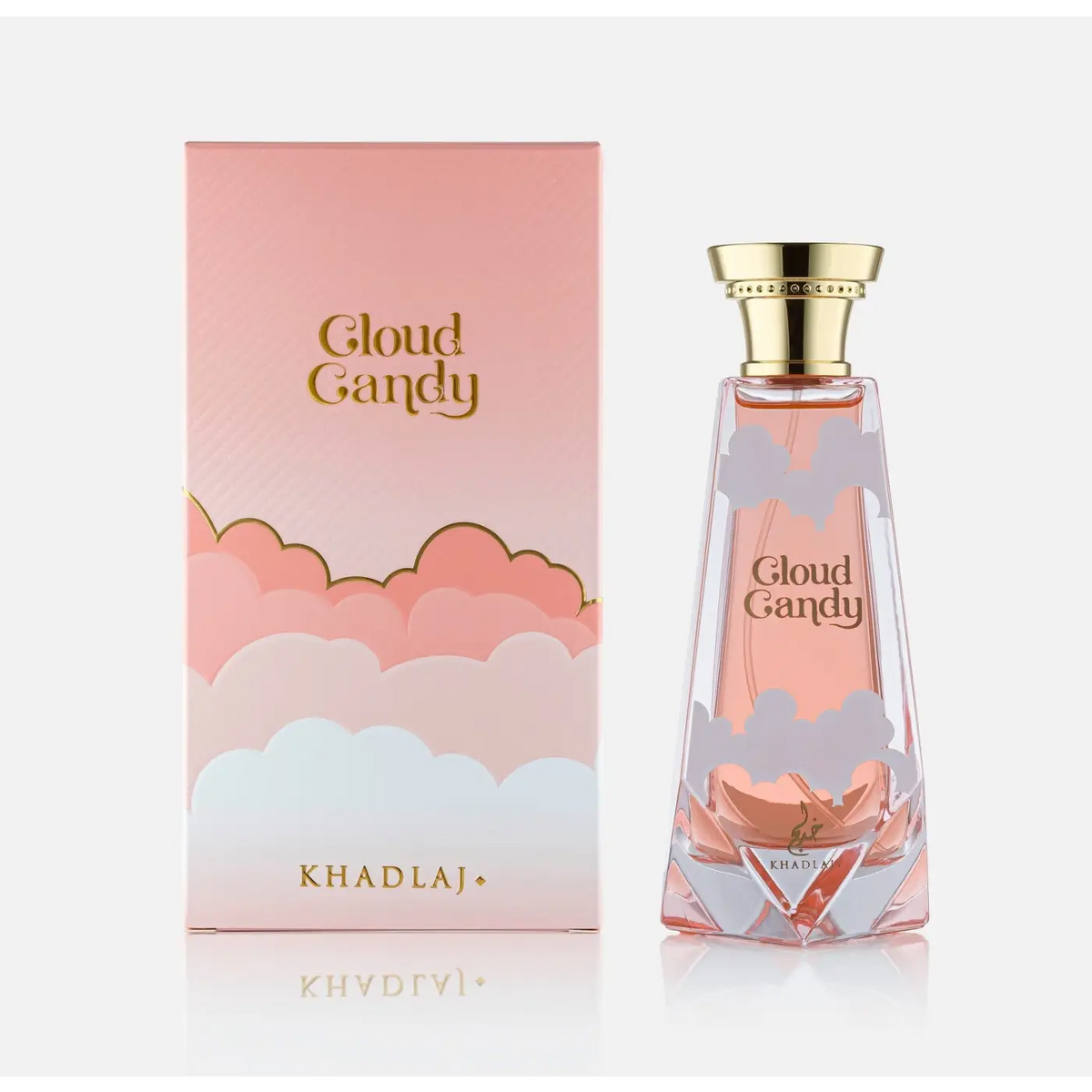 Pink cloud candy perfume bottle by khadlaj with gold cap and cloud patterned glass design 100ml edp