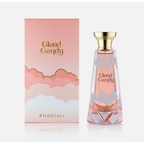 Pink cloud candy perfume bottle by khadlaj with gold cap and cloud patterned glass design 100ml edp
