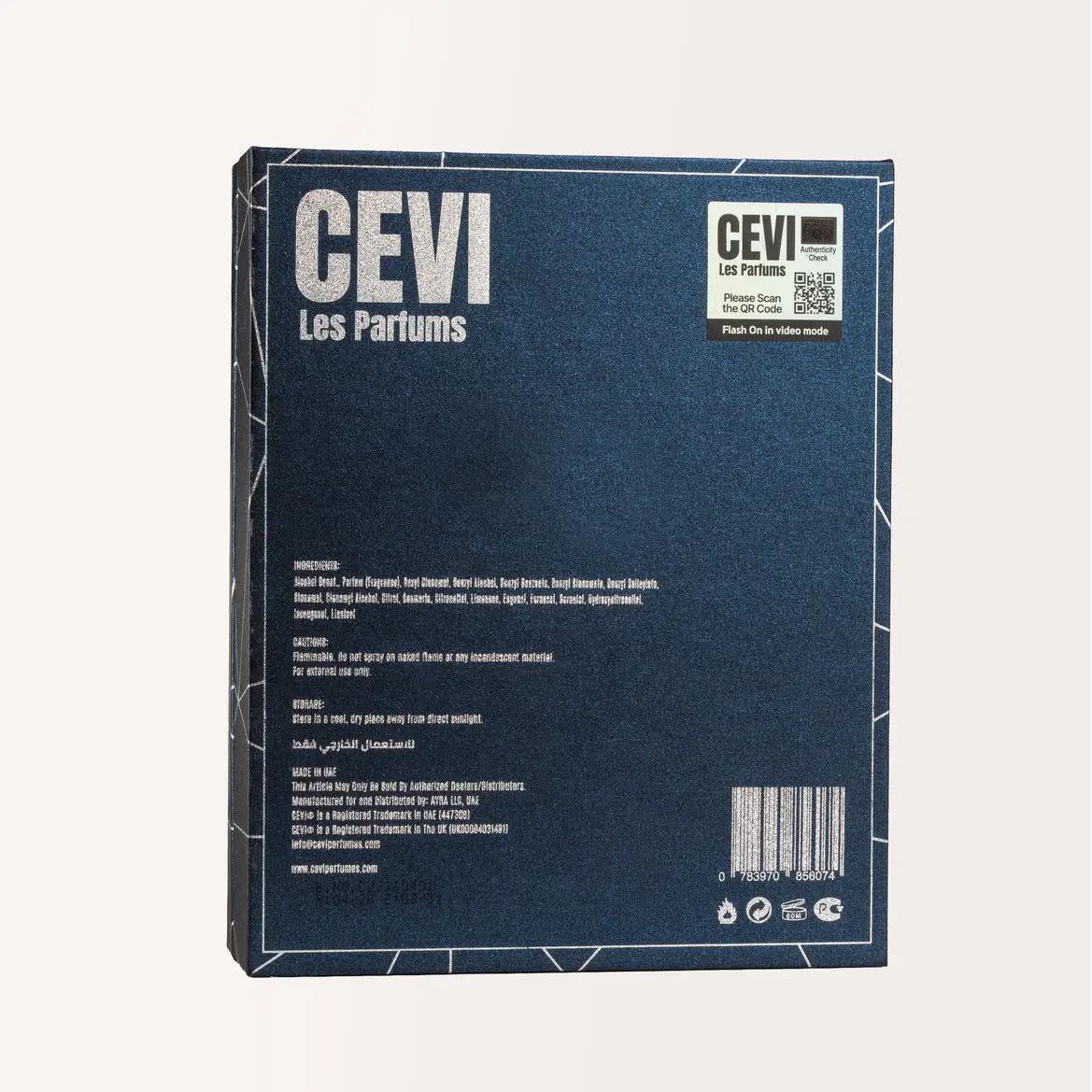 Dark blue rectangular box with white text and qr code for cevi les parfums divinity cevi edp 100ml perfume packaging
