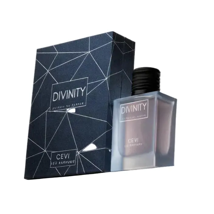 A sleek transparent glass bottle of divinity perfume by cevi les marrons with a black ribbed cap and white label