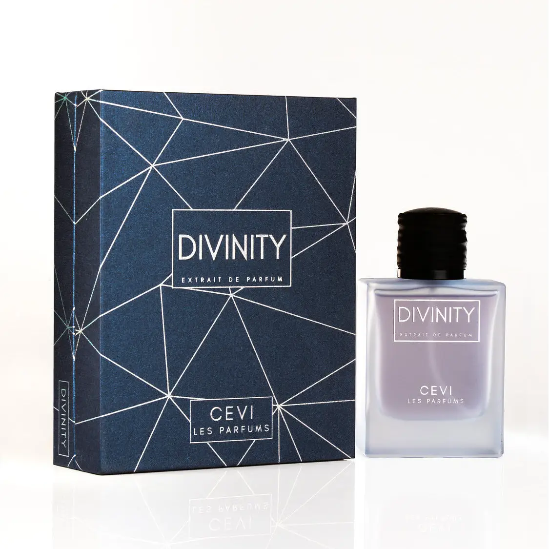 A sleek transparent glass bottle of divinity extrait de parfum by cevi les parfums with black ribbed cap and light purple liquid