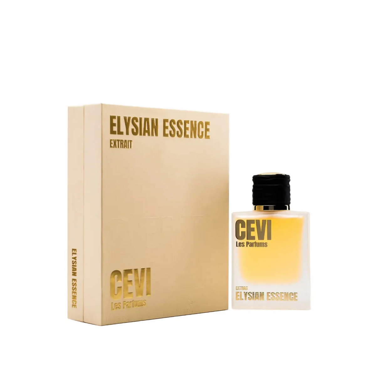 A clear glass bottle with black cap containing golden-yellow cevi les parfums elysian essence extrait perfume 100ml
